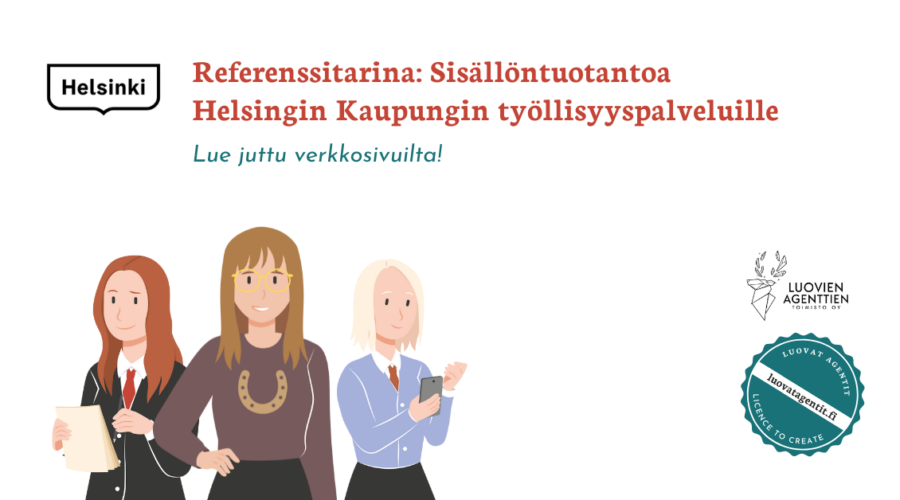 Referenssitarina - Sisällöntuotantoa Helsingin Kaupungin työllisyyspalveluille - Kuvassa luovia agentteja