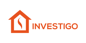 Investigo logo - oranssi tyylitelty teksti valkoisella taustalla